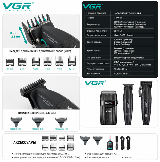 VGR V-640 S3 — профессиональный набор для стрижки 3 в 1 с мощным аккумулятором и LED-дисплеем | Зображення 5