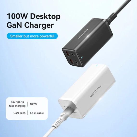 Мережевий зарядний пристрій Vention 4-Port USB (C + C + A + A) GaN Charger (100W/100W/18W/18W) EU-Plug Black | Зображення 1