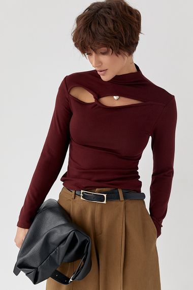 Трикотажний однотонний лонг із переплетом - бордо цвет, ONE SIZE (є розміри) | Зображення 4