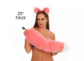 Анальний хутряний пухнастий хвіст без пробки, Яскраво-рожевий з білим кінчиком, OKOVA 60 см. sexstyle