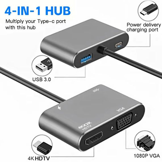 Концентратор Type-C 4 в 1, адаптер type-c 3.0 до 4K HDMI HDTV, VGA USB 3.0 PD, розгалужувач швидкої зарядки | Зображення 5