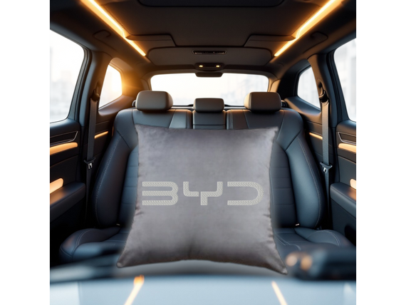 Авто Подушка c вишивкою логотипу марки бід BYD сірий автомобілісту 02222