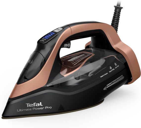 Праска Tefal Ultimate Power Pro, 3200Вт, 350мл, паровий удар -300гр, постійна пара - 85гр, керам. підошва, чорно-золотий (FV9E50E0)