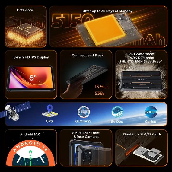 Планшет Oukitel RT3pro 8” HD / 4GB/128GB / G81 / 5150mAh / 16+8Мп / IP69K / LTE Black | Зображення 4