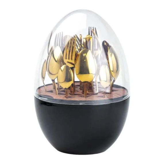 Набір столових приладів на 6 персон із нержавіючої сталі 24 штуки золотих з підставкою Яйце Чорний HP78810 | Зображення 1