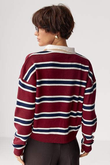 Кофта-поло у смужку вільного фасону - темно-червоний цвет, ONE SIZE (є розміри) | Зображення 1