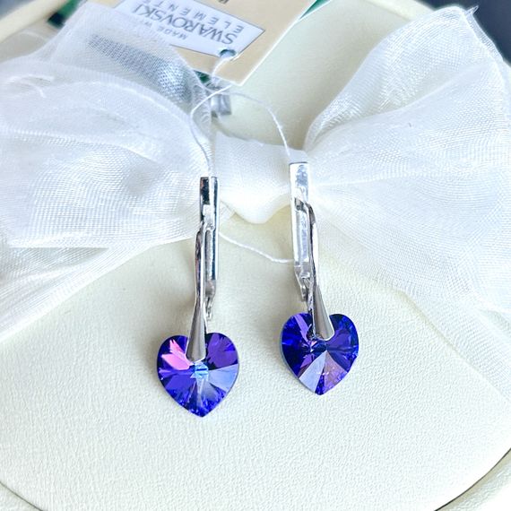 Срібні сережки Серце з кристалами Swarovski (Австрія) синій хамелеон, родовані | Зображення 2