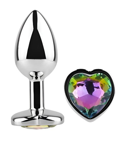 Анальна пробка EGZO Silver Heart Plug S з медичної сталі з райдужним кристалом у формі серця Sex Aura | Зображення 1