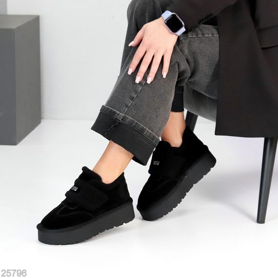 Молодежные черные угги автоледи натуралки с мехом тедди на липучке | Зображення 4