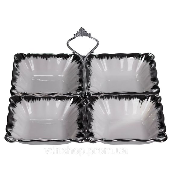 Менажниця порцелянова на 4 секції 22.5×22.5×3 (см) з ручкою Білий зі сріблом LC-BYL-101-S | Зображення 2