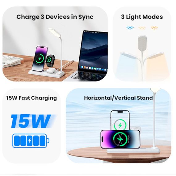 БЗП Usams US-CD195 15W 4in1 Wireless Charging Holder With Table Lamp White | Зображення 4