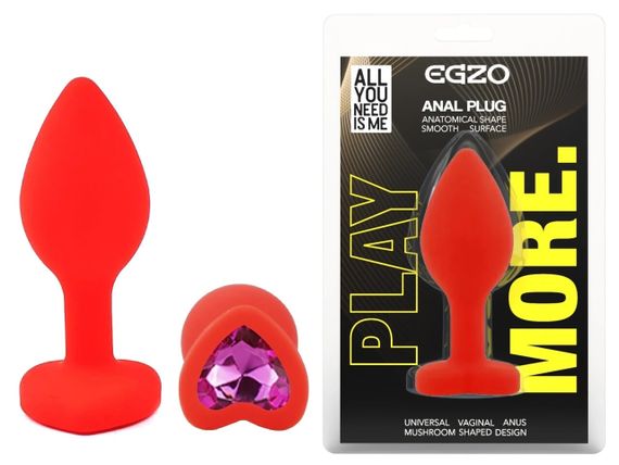 Анальна пробка EGZO Red Heart Plug S з кристалом, червона, з медичного силікону Sex Aura