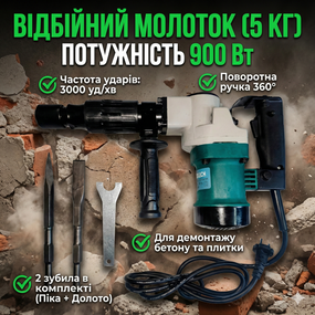Відбійний молоток електричний 900 Вт (3000 уд./хв): патрон HEX, 2 зубила в комплекті, для демонтажу бетону та плитки