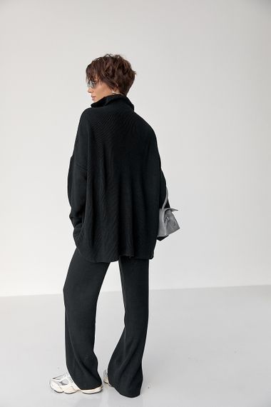 Вільний костюм в рубчик зі светром і прямими штанами - чорний цвет, ONE SIZE (є розміри) | Зображення 1