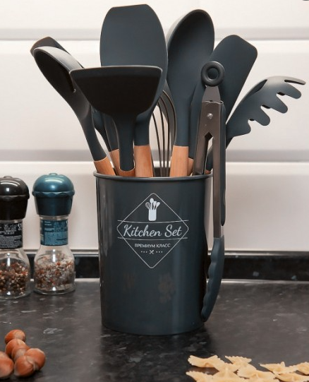Набор кухонных принадлежностей Kitchen Set, 12 предметов ∙ Силиконовые аксессуары для кухни с подставкой | Зображення 1