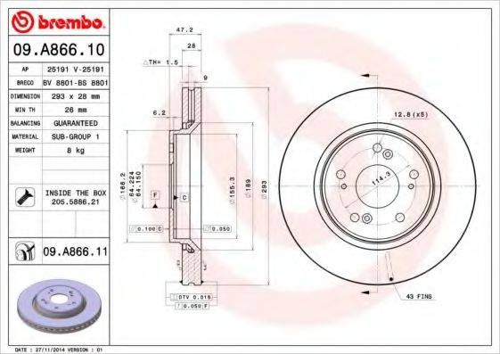 Диск гальмівний HONDA CR-V III передн., вент. (вир-во BREMBO) BREMBO 09A86610 на HONDA CR-V Mk III (RE)