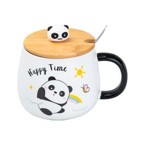 Чашка керамічна Panda 450 мл з кришкою та ложкою, happy time