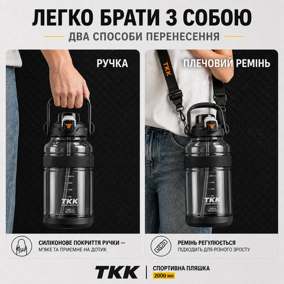 Спортивная бутылка TKK 2000 мл, Tritan (BPA-free), черная. Ударопрочная бутылка с трубочкой и ремешком для фитнеса и тренировок | Зображення 6