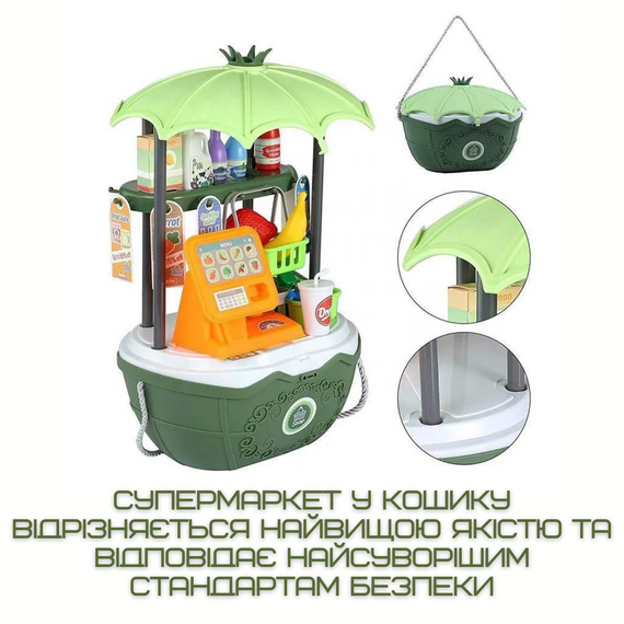 Дитячий Переносний Кошик з Продуктами Складний 49 Предметів 2в1 Ігровий Набір Продавець з Іграшковими Грошами + Ваги Зелена | Зображення 5