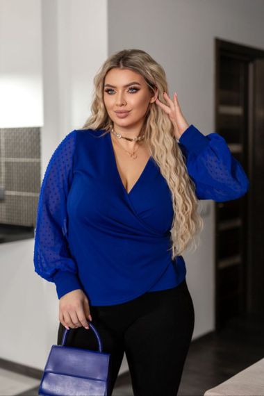 Женская нарядная блуза с прозрачными рукавами больших размеров и батал MN186 цвет синий, размер 54/56 | Зображення 1