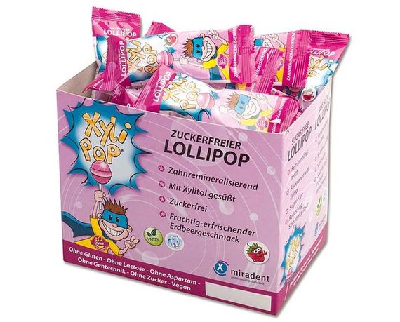 Льодяник з ксилітолом на паличці Miradent Xylipop (50 шт), зі смаком полуниці