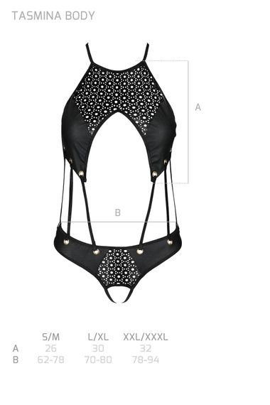 Боді з відкритим доступом Passion TASMINA BODY L/XL black, екошкіра, шнурівки, ажурні мережива | Зображення 6