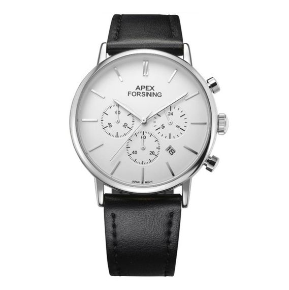 Чоловічий годинник Forsining 8312 Black-Silver-White з хронографом та шкіряним ремінцем