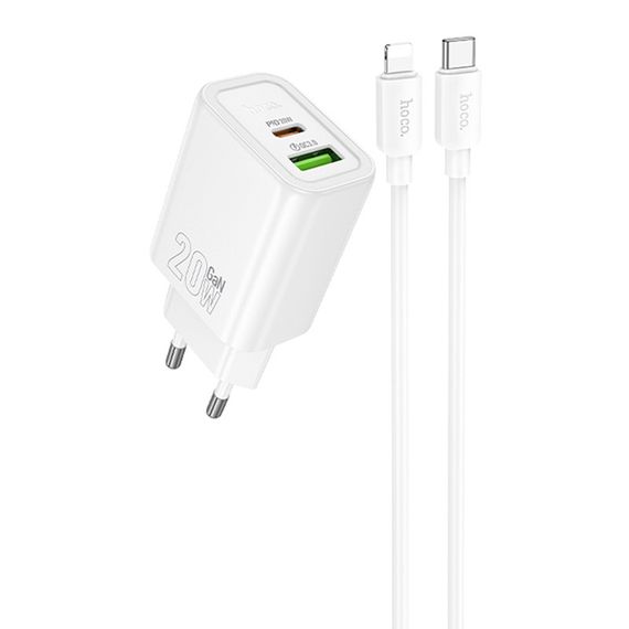 СЗУ Hoco N61 Gentle PD20W+QC3.0 (1USB-A/1C) + кабель Type-C to Lightning White