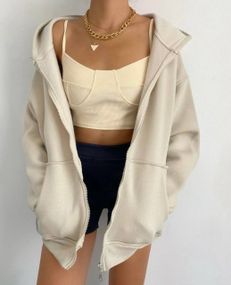 Женское зип-худи оверсайз на молнии теплое на флисе с капюшоном размер 48/52 цвет бежевый  GF052