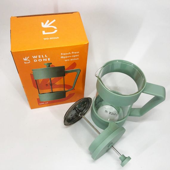 Френч-прес Well Done WD-8056A 600 мл м'ятний, Стильний скляний чайник для заварювання, Френч для чаю | Зображення 4