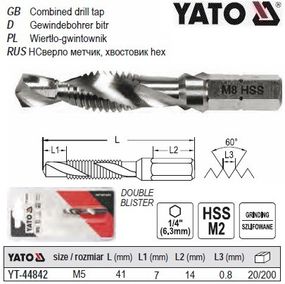 Сверло метчик YATO М5х0.8 мм HSS М2 HEX-1/4" l=41/7 мм YT-44842