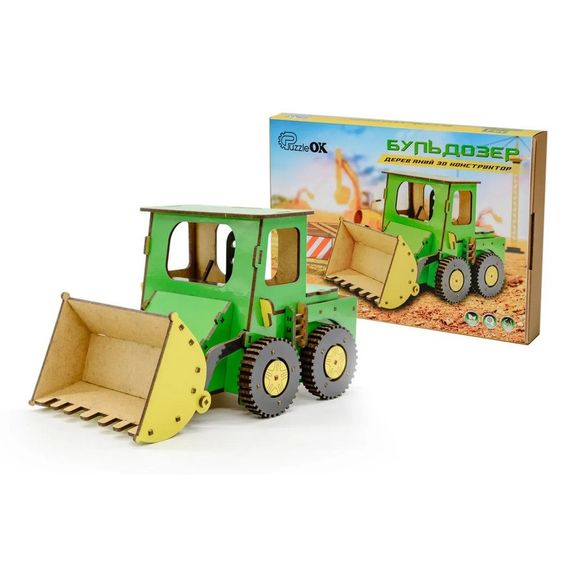 Детский деревянный 3D конструктор "Бульдозер" Puz-26918, 91 деталь