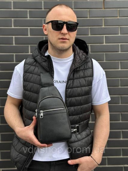 Чоловіча сумка-бананка через плече 18х32х7, рюкзак унісекс на груди з натуральної шкіри TIDING BAG 3280 чорний | Зображення 4