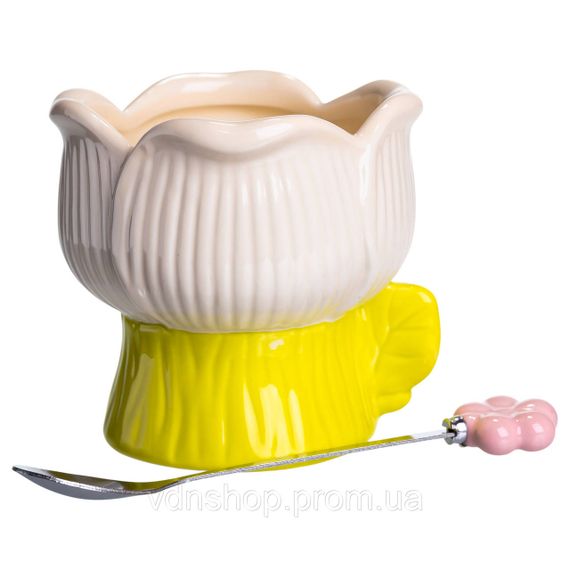 Креманка порцелянова з ложкою у формі квітки 300 (мл) креманка для десертів, морозива та желе Жовтий FM-42BE | Зображення 3