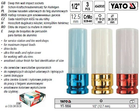 Набор головки для алюминиевих дискив YATO Польща 1/2" М=17; 19; 21 мм YT-1056