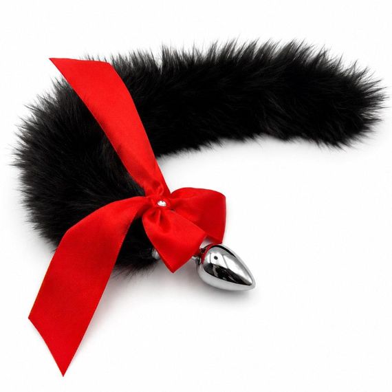 Анальна пробка металева DS Fetish з чорним лисячим хвостом і червоним бантом Sex Aura | Зображення 2