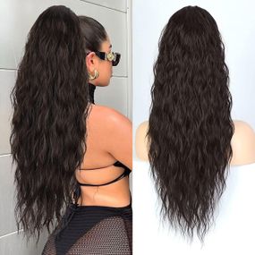 Хвіст накладний довгий кучерявий каштановий, шиньйон на шнурку хвилястий, термостійке коричневе волосся для швидкого нарощування