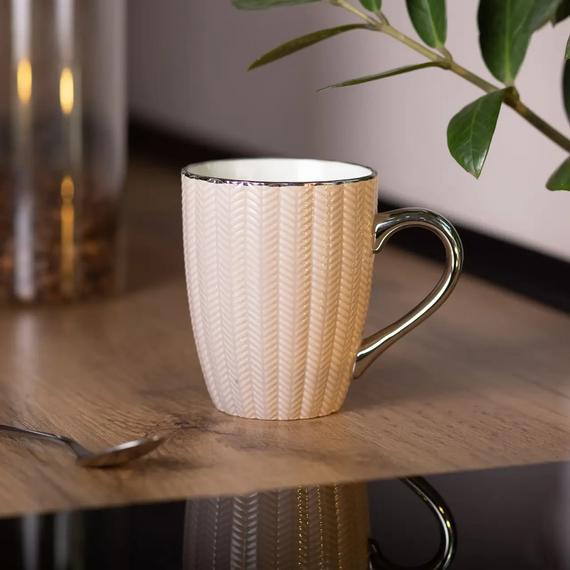 Чашка фарфоровая 400 (мл) с серебристым ободком и ручкой для чая, кофе Кремовая RX-N231315CO | Зображення 3