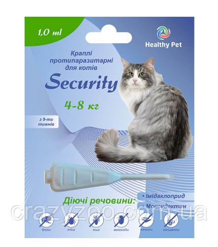 Краплі проти зовнішніх та внутрішніх паразитів для котів Healthy Pet Security від 4 до 8 кг 109098