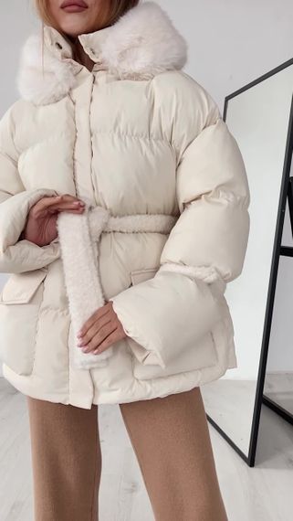 Пуховик с опушкой и капюшоном Cresh Puffer, молочный