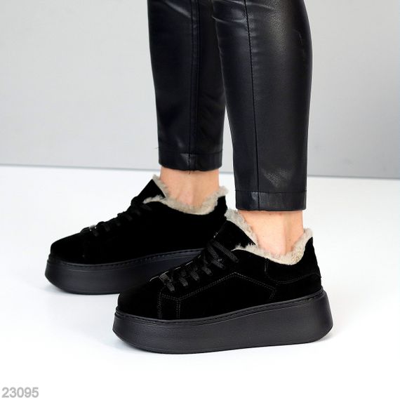 Чорні зимові прошиті кросівки натуральна замша на платформі спорт-шик | Зображення 5