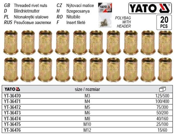 Набир нютогайка сталева YATO Польща М3 l=9 мм 20 штук YT-36470