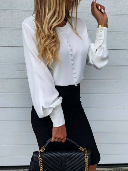 Женская белая блуза без воротника на пуговицах с длинным рукавом NA902 цвет белый, размер 42/46 | Зображення 3