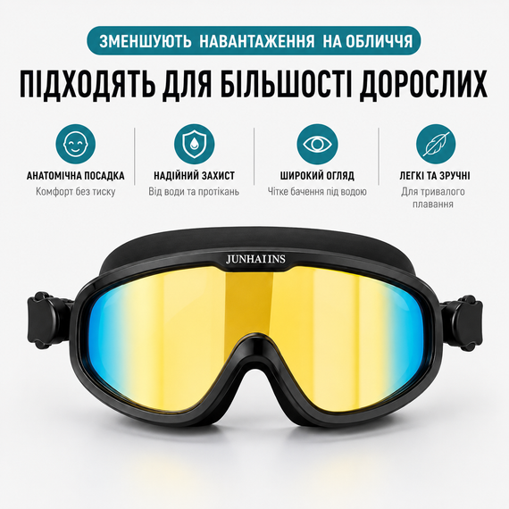Набір для плавання JUNHAIINS 4 в 1: маска (дзеркальні HD лінзи, антифог), беруші, затискач, чохол, чорний | Зображення 3