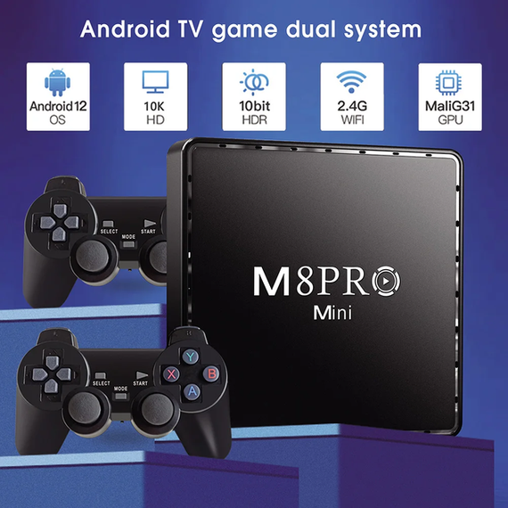 Ігрова андроїд ТВ приставка з Android TV + 2 джойстики M8PRO Mini ретро консоль PS1, Dendy, Sega | Зображення 3