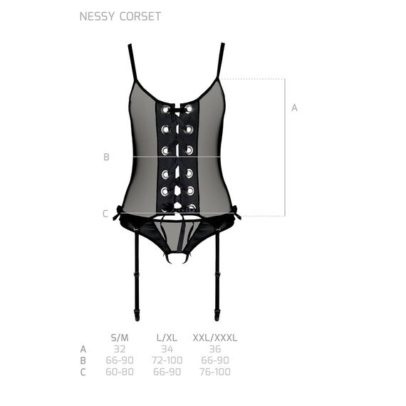 Корсет зі шнурівкою Passion NESSY CORSET XXL/XXXL black, стрінги з відкритим доступом, пажі для панч | Зображення 4