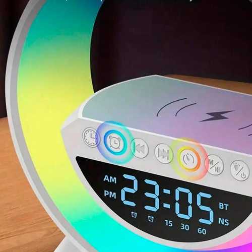 Аккумуляторный RGB ночник BT-3401, часы, беспроводная зарядка, Bluetooth колонка | Зображення 5