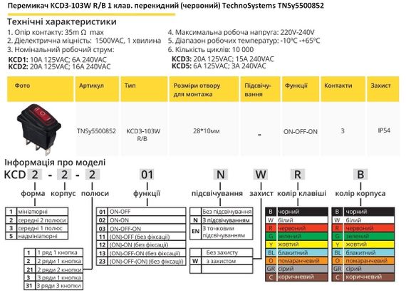 Переключатель KCD3-103W R/B 1 клавиша красная перекидная влагозащита Ny95500852 | Зображення 1