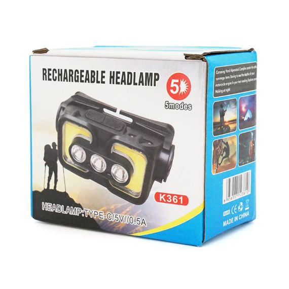 Налобний ліхтарик Voltronic K361,1 Cob, 3 Led+Red, 5 режими, корпус-пластик, водостійкий, ip44, живлення АКБ вбудований, USB | Зображення 1