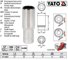 Головка торцева 12-гранна подовжена 1/2" М27х77 мм Польща YATO YT-12947